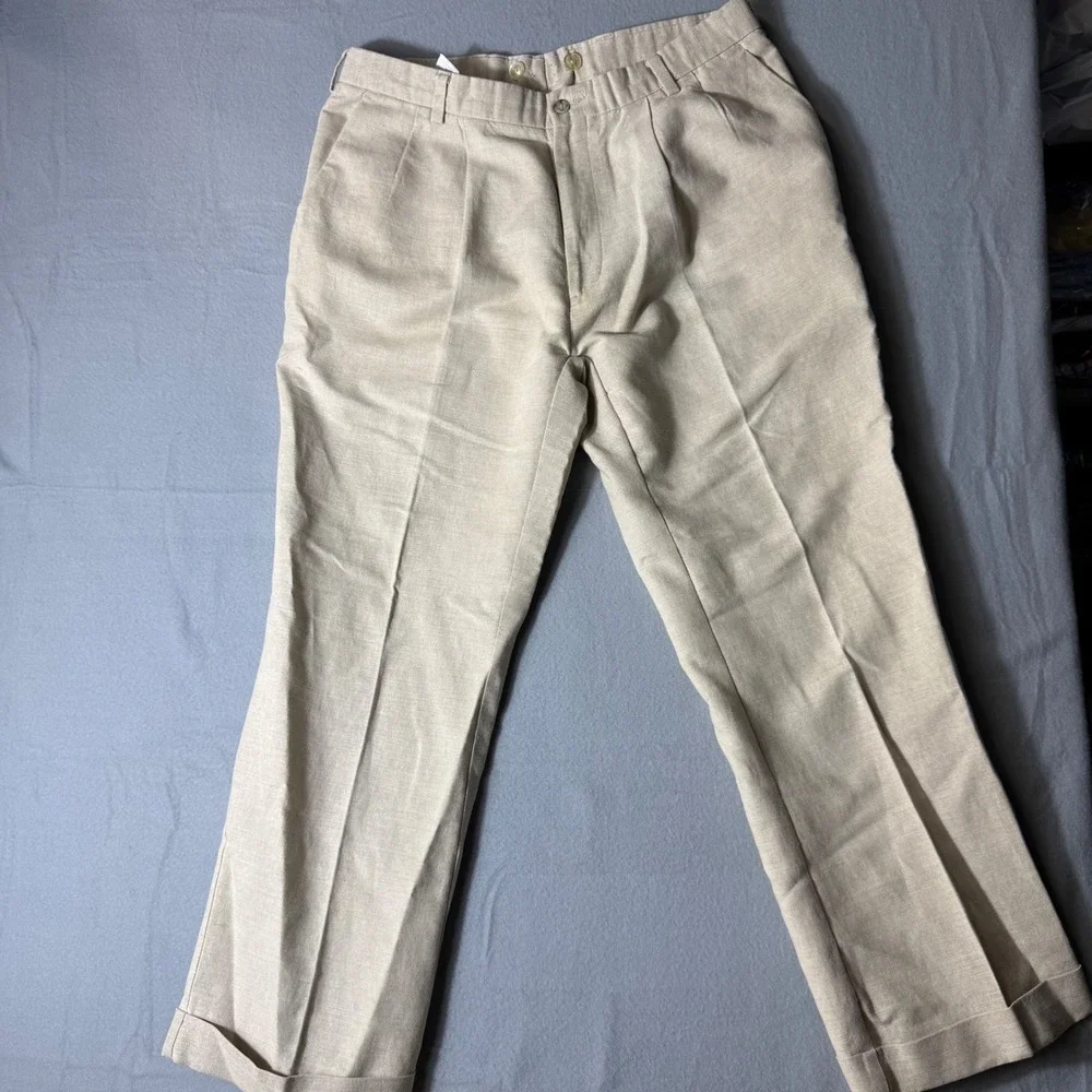 Dockers Premium Linen Cotton Pleated Relaxed Fit Cuffed Pants Beige W40 L30